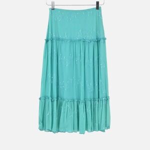 Whiz Tiered Midi Skirt Womens Size S Fairy Teal Embroidered Boho Ruffle Vtg Y2k